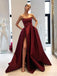 Simple Side Slit Cheap Maroon A-line Long Evening Prom Dresses, QB0423