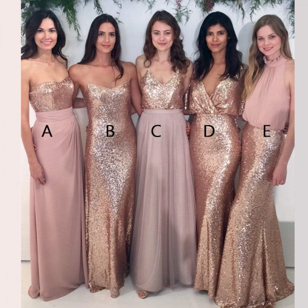 Mismatched Sweetheart Blush Pink Chiffon Bridesmaid Dresses with Sequins, QB0158