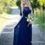 A-Line Scoop Neck Blue Floor Length Bridesmaid Dresses with Half Sleeve, QB0723