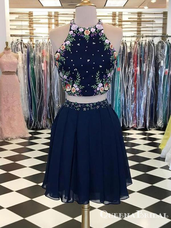 Cute Two Piece Halter Navy Blue Chiffon Short Homecoming Dresses with Embroidery, QB0861
