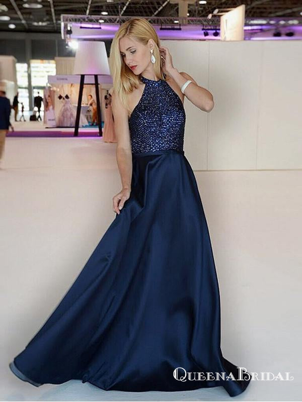 A-Line Halter Long Cheap Navy Blue Prom Dresses with Beading, QB0523