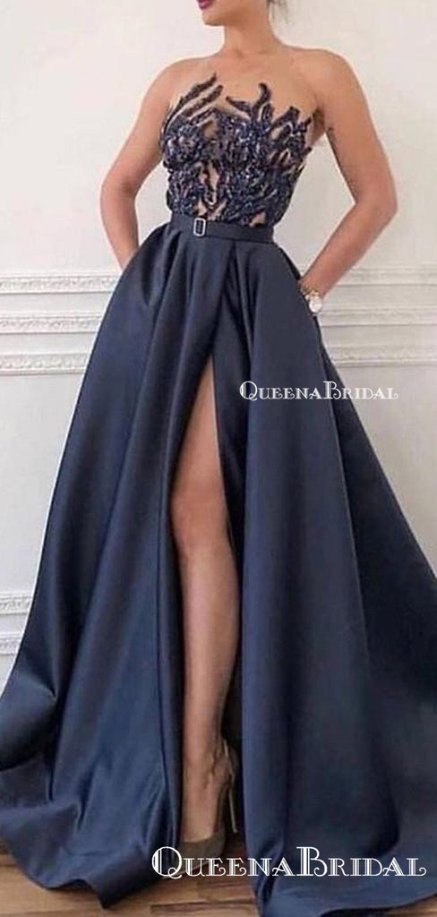 Elegant Woman Navy Blue Long Satin Evening Gowns Prom Dresses with Split Pockets, PDS0059