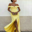 Sexy Off-Shoulder Yellow Satin Long Prom Dresses with Split, cheap Prom Dresses Online, QB0002