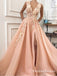 Unique A-Line V Neck Orange Satin Long with Floral Appliques Prom Dresses, QB0561
