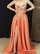 A-Line Sweetheart Long Orange Satin Prom Dresses with Appliques Split, QB0511