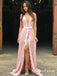 Elegant V-neck Long Cheap Pink Lace Prom Dresses With Side Slit, QB0712