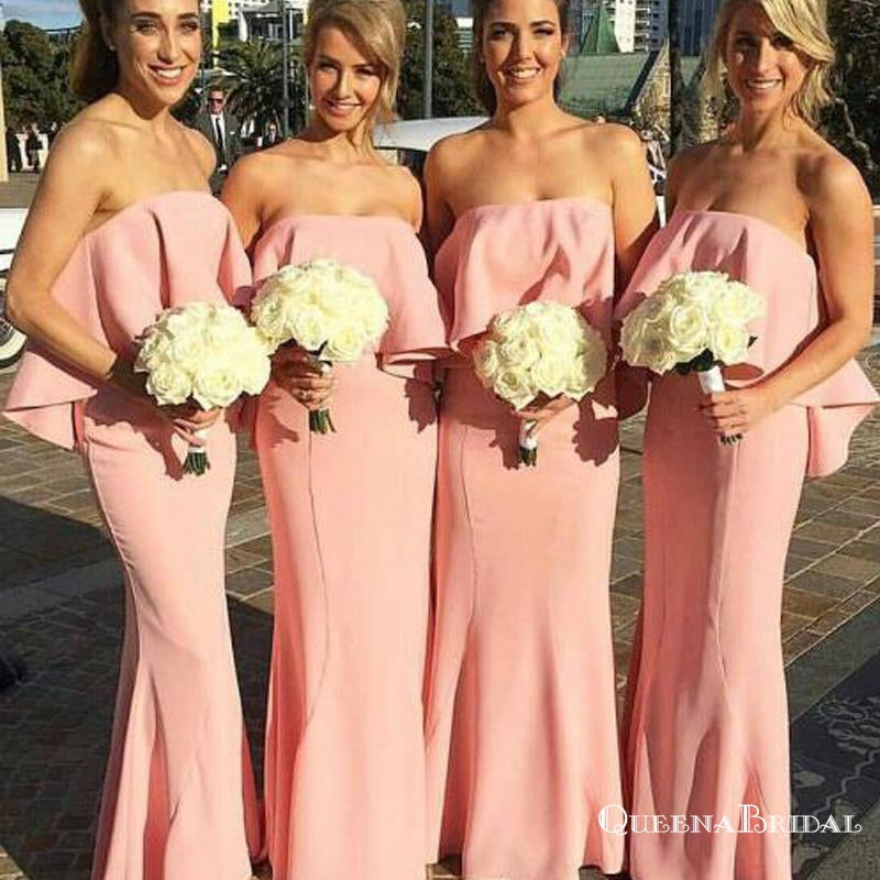 Simple Pink Strapless Sleeveless Long Satin Bridesmaid Dresses, QB0726