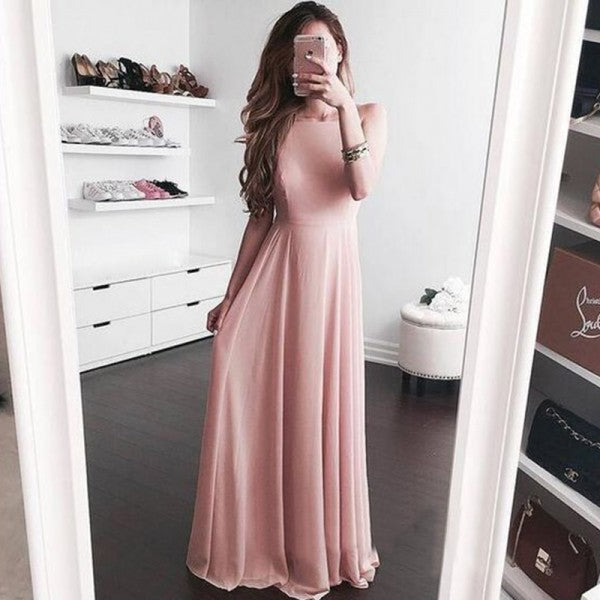 Pretty Bateau Sleeveless Long Cheap Pink Chiffon Bridesmaid Dresses Online, QB0142