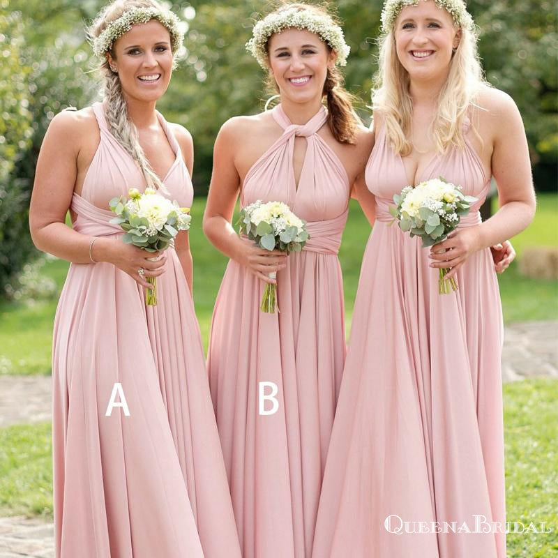 A-Line V-Neck Floor Length Pleated Pink Cheap Bridesmaid Dresses, QB0845