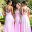 A-Line Illusion Round Neck Pink Chiffon Bridesmaid Dresses with Appliques, QB0629