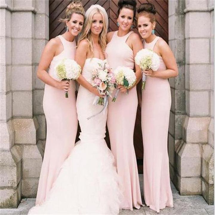 Tight Mermaid Halter Backless Pink Long Cheap Bridesmaid Dresses with Lace, QB0020