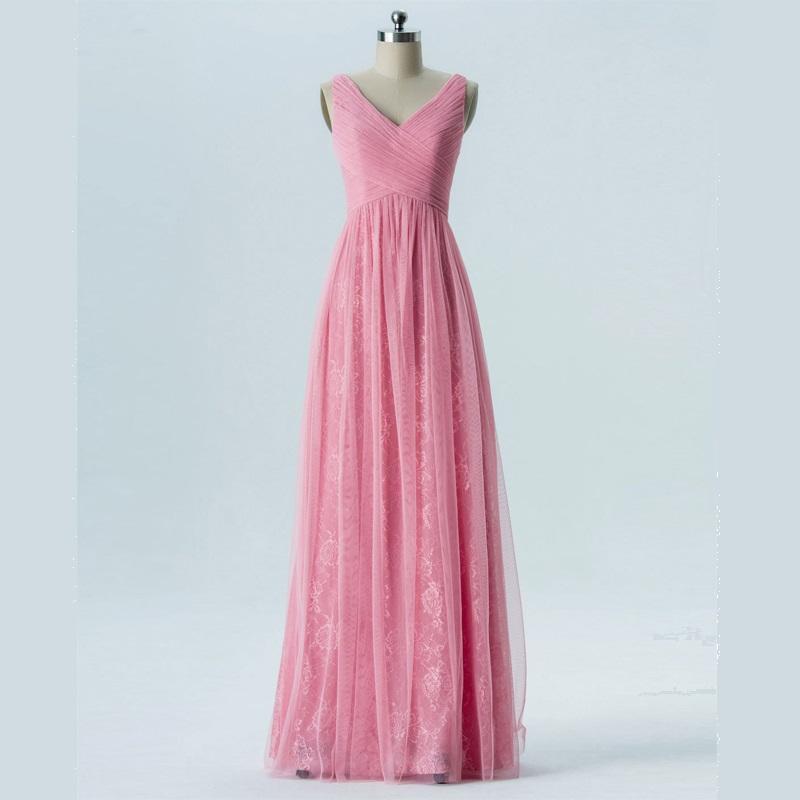 V Neck Pink Lace Cheap Long Bridesmaid Dresses Online, WG288