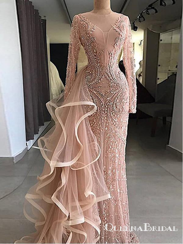 Illusion Neck Chic Pink Sheath Long Sleeve Mermaid Prom Dresses With Beaded, QB0693