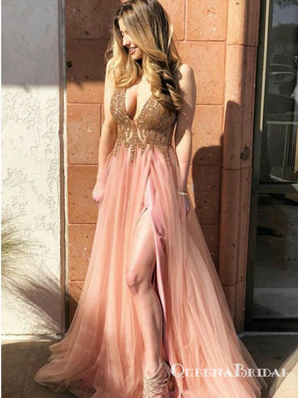 A-Line Spaghetti Straps Sleeveless Pink Long Prom Dresses with Appliques, QB0736