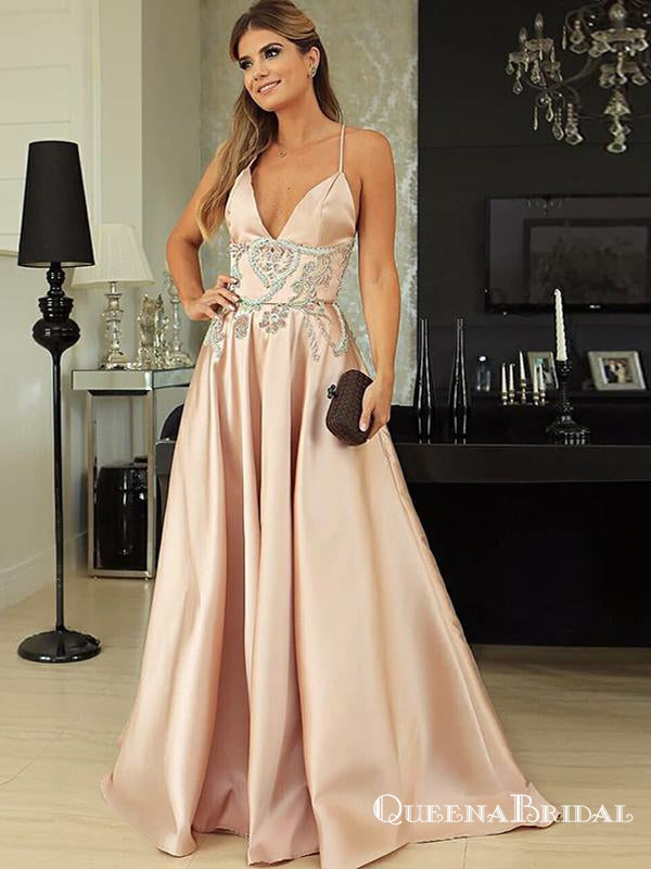 A-Line Spaghetti Straps Long Pink Prom Dresses with Beading, QB0496