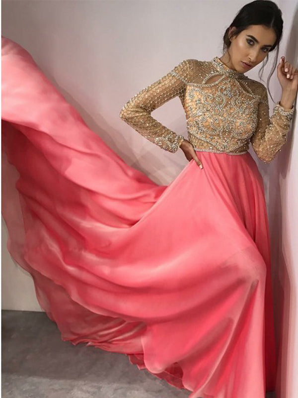 Fancy High Neck Long Sleeves Pink Evening Prom Dresses with Beading, QB0770