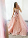 Strapless Pink Lace Long Ball Gown with Floral Embroidery Prom Dresses, QB0602