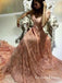 A-Line V-Neck Short Sleeves Long Cheap Pink Lace Prom Dresses, QB0685