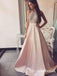 Charming A-Line Round Neck Pink Satin Long with Beading Prom Dresses, QB0564