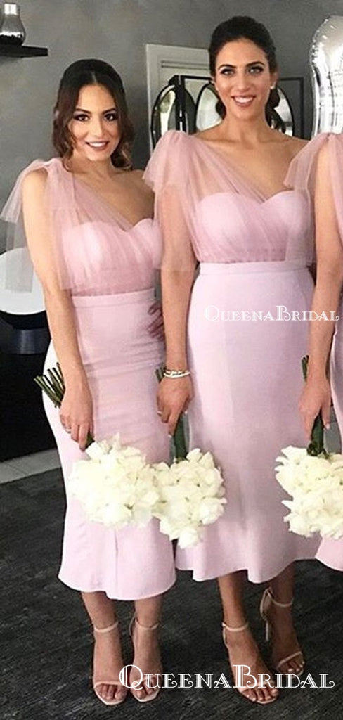 Charming Simple One Shoulder Pink Mermaid Ankle-Length Long Cheap Bridesmaid Dresses, BDS0043