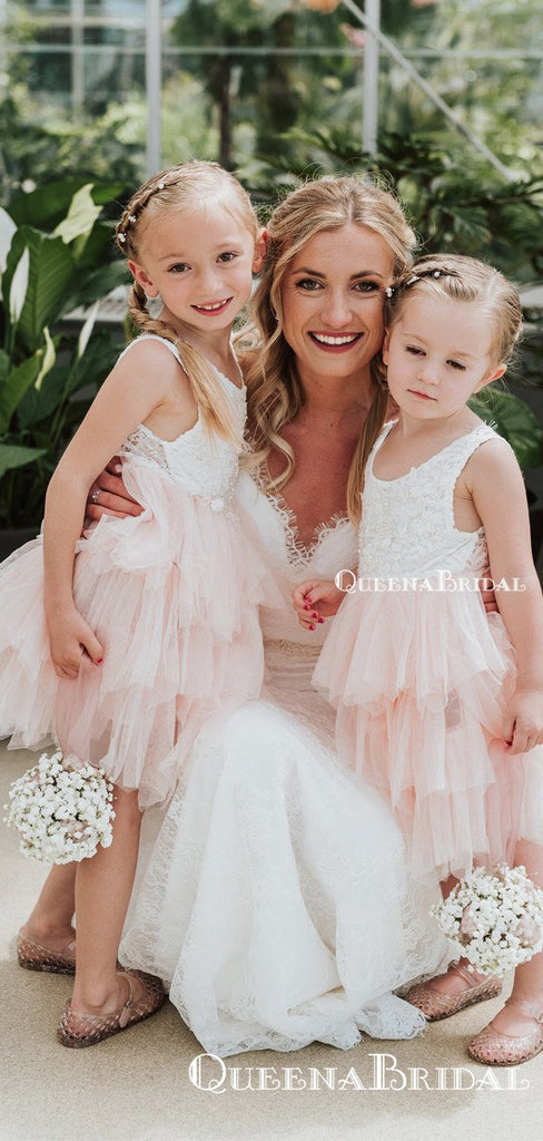 New Arrival Round Neck Pink Tulle A-line Long Cheap Flower Girl Dresses, FGS0015