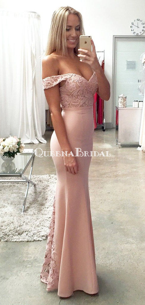 Off Shoulder Blush Pink Mermaid Evening Prom Dresses, Long Lace Party Prom Dresses, PDS0081