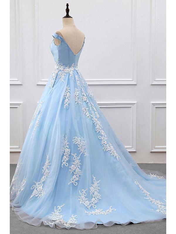 Princess Prom Dresses A-line V-neck Sky Blue Off the Shoulder Quinceanera Dresses, QB0299