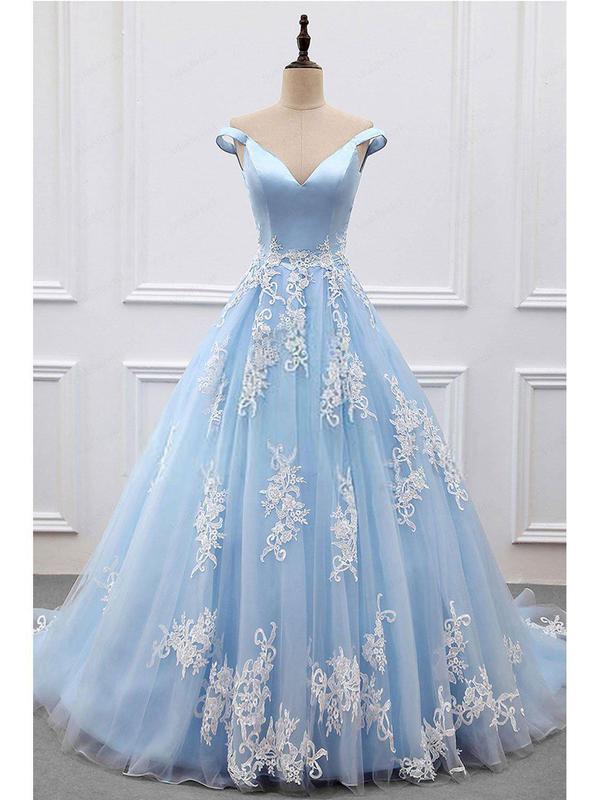 Princess Prom Dresses A-line V-neck Sky Blue Off the Shoulder Quinceanera Dresses, QB0299