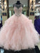 Prom Ball Gown See Through Neck Tulle Light Pink Quinceanera Prom Dresses, QB0320