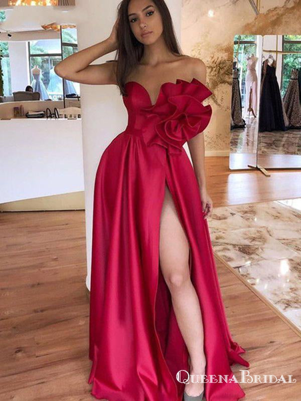 Sweetheart Charming Elegant Red Satin Side Slit A-line Long Cheap Evening Party Prom Dresses, PDS0030