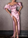 New Arrival Off-The-Shoulder Pink Satin High Side Slit Simple Charming Long Cheap Prom Dresses, PDS0021