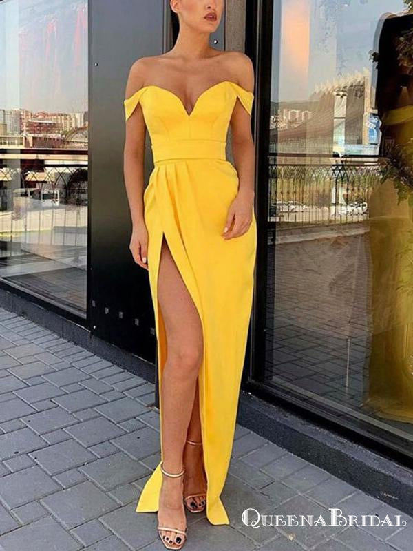 Off-The-Shoulder Charming Yellow Satin High Side Slit Long Cheap Evening Party Prom Dresses, PDS0015