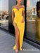 Off-The-Shoulder Charming Yellow Satin High Side Slit Long Cheap Evening Party Prom Dresses, PDS0015