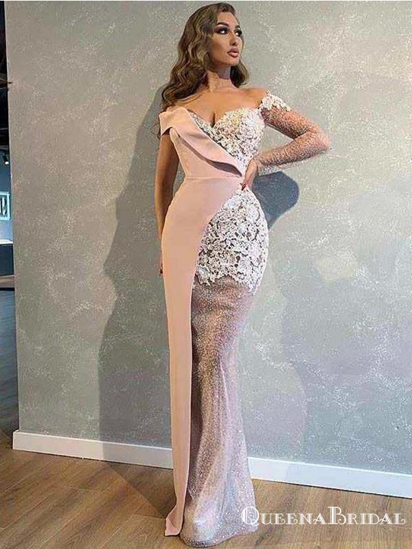 Unique Design Simple One Shoulder Long Sleeves Pink Long Cheap Mermaid Prom Dresses, QB0956