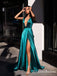 Sexy Deep V-veck Green Elastic-Silk Sleeveless A-line Side Slit Long Cheap Prom Dresses, QB0957