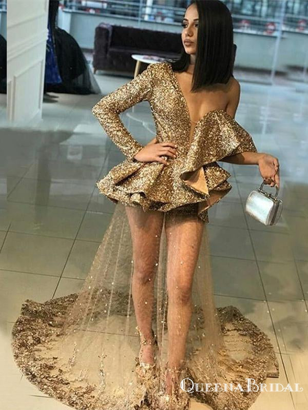 Unique Design One Shoulder Long Sleeves Sparkly Gold Sequin Long Cheap Formal Prom Dresses, PDS0007