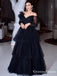 Gorgeous Charming Spaghetti Strap Off-The-Shoulder Black Tulle A-line Long Cheap Prom Dresses, PDS0027