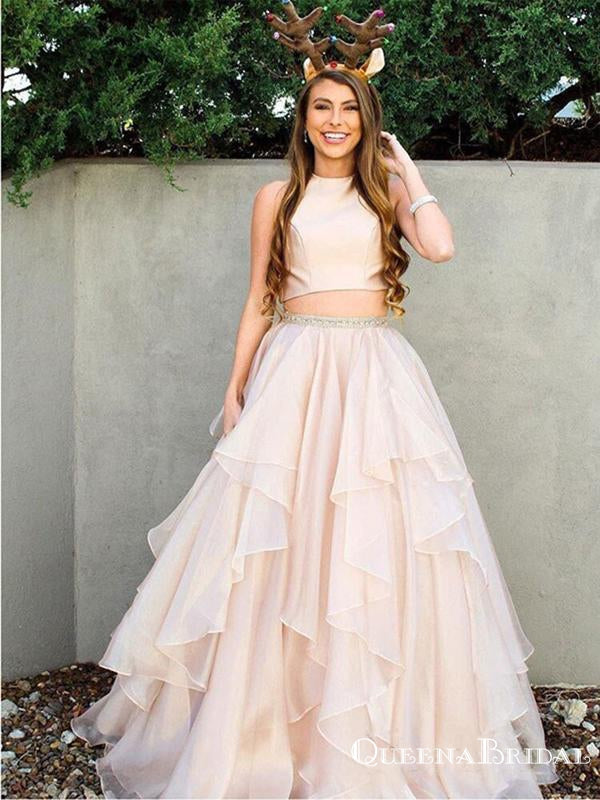 Two Piece Charming Elegant Round Neck Sleeveless Organza Ball Gown Long Cheap Prom Dresses, PDS0019