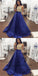 A-Line Halter Backless Royal Blue Satin Prom Dresses with Beading&Pockets, QB0235