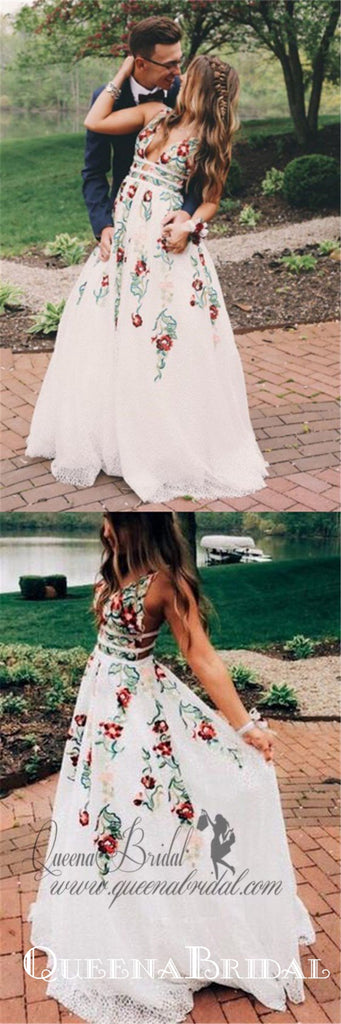 2020 V Neck White Embroidery Long Cheap  Evening Prom Dresses, QB0411