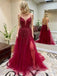 New Arrival A Line Sexy Spaghetti Straps Red Tulle Side Slit Long Cheap Charming Prom Dresses With Appliques, PDS0052