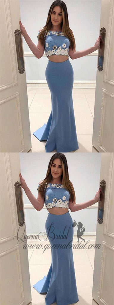 Sexy Off Shoulder Two Pieces Blue Long Cheap Evening Prom Dresses, QB0416