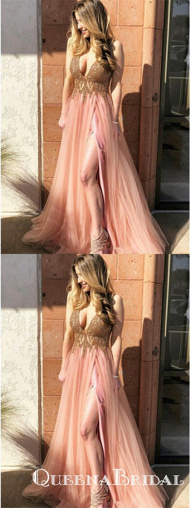 A-Line Spaghetti Straps Sleeveless Pink Long Prom Dresses with Appliques, QB0736
