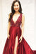 Sexy Side Slit Deep V Neck Red A-line Long Evening Prom Dresses, QB0438