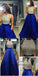 A-Line Halter Backless Floor-Length Royal Blue Satin Prom Dresses with Beading, QB0256