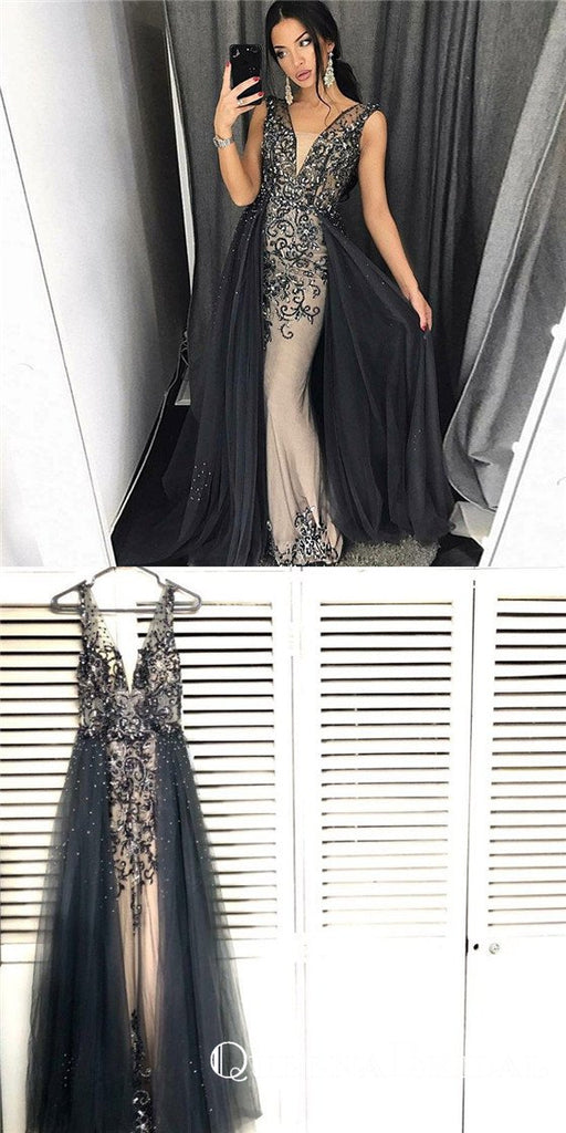 Mermaid V-Neck Dark Grey Detachable Prom Dresses with Beading, QB0525