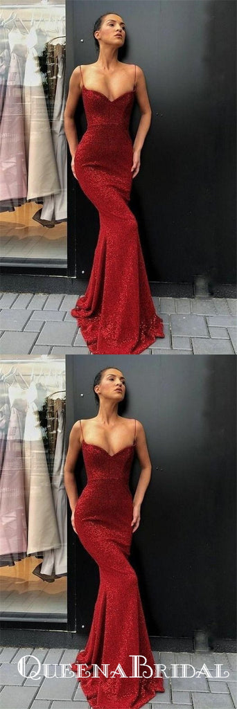 Spaghetti Straps Sexy Red Sequin Long Cheap Mermaid Prom Dresses, QB0554