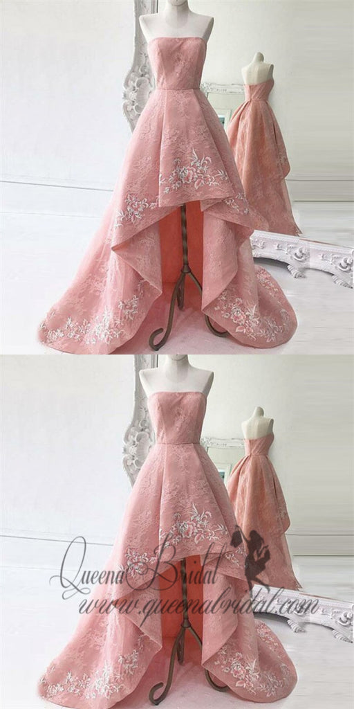A-Line Strapless Asymmetry Pink Lace Prom Dresses with Appliques, QB0246