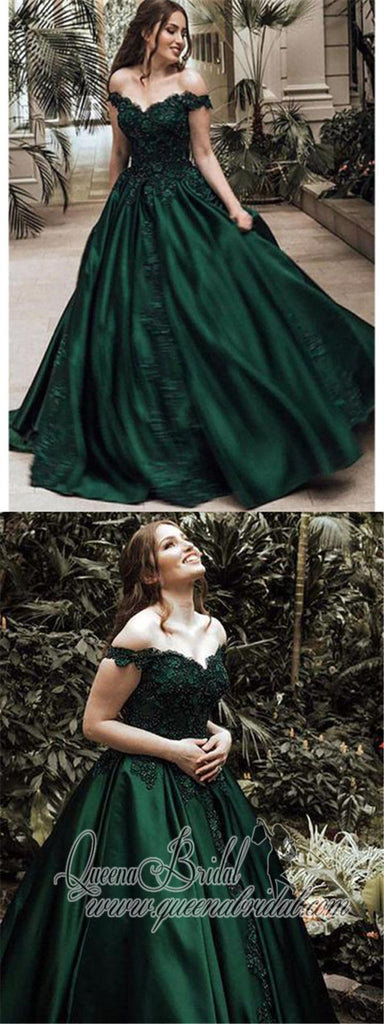 Charming Custom Off Shoulder Dark Green A-line Long Evening Prom Dresses, QB0374