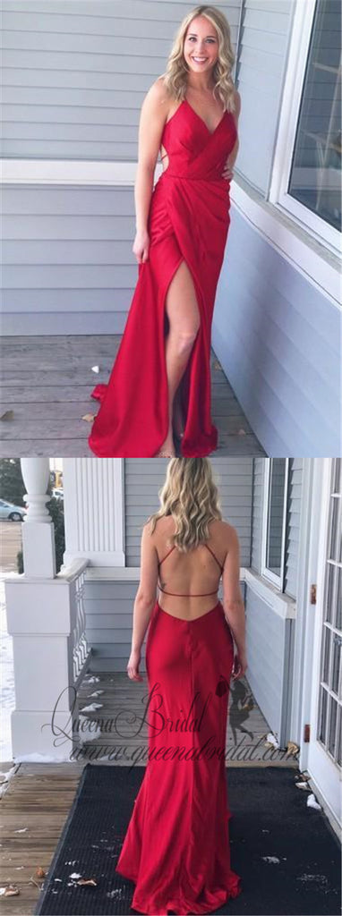 Sexy Backless Red Side Slit Mermaid Long Evening Prom Dresses, QB0460